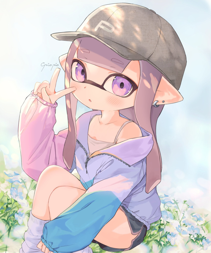 1girl :o artist_name bad_id bad_twitter_id bangs baseball_cap black_shorts blue_flower blue_sky blunt_bangs blunt_ends camisole commentary day dolphin_shorts domino_mask earrings eyebrows_visible_through_hair flower grey_hair grey_headwear grey_legwear grey_shirt hat highres inkling jacket jewelry long_hair long_sleeves looking_at_viewer loose_socks mask multicolored multicolored_clothes multicolored_jacket off_shoulder outdoors parted_lips pioxpioo pointy_ears recolored shirt short_shorts shorts signature sitting sky sleeves_past_wrists solo splatoon_(series) tentacle_hair track_jacket ume_(plumblossom) v violet_eyes zipper