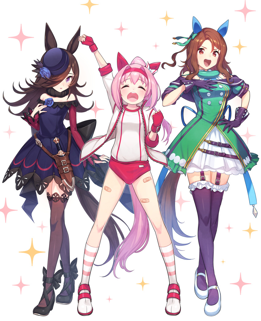 3girls :d ^_^ ^o^ absurdres animal_ears black_headwear blue_flower blue_rose blush bow brown_eyes brown_hair buttons closed_eyes commentary_request double-breasted ear_covers flower full_body garter_straps gloves green322 hair_bow hair_over_one_eye hand_on_hip hand_on_own_chest haru_urara_(umamusume) hat hat_flower highres horse_ears horse_girl horse_tail king_halo_(umamusume) long_hair looking_at_viewer multiple_girls open_mouth pink_hair ponytail purple_gloves purple_legwear rice_shower_(umamusume) rose simple_background smile standing tail thigh-highs tilted_headwear umamusume violet_eyes white_background white_footwear