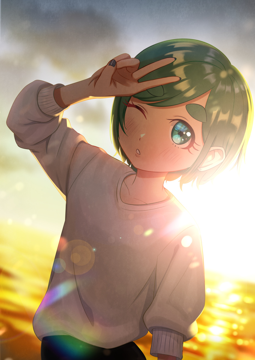 1girl absurdres aqua_eyes backlighting blurry blurry_background blush clouds cloudy_sky futomayu-chan_(sinohira_rin) green_hair grey_sweater highres lens_flare looking_at_viewer one_eye_closed original parted_lips short_hair sinohira_rin sky solo sweater v