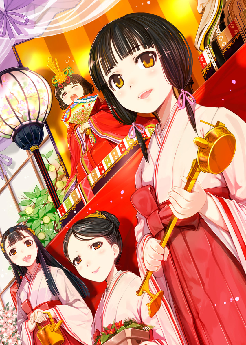 4girls black_hair blush brown_eyes commentary_request d; fan flower folding_fan hair_bun hair_ribbon hakama highres hina_ningyou hinamatsuri japanese_clothes kimono lantern layered_clothing layered_kimono light_smile long_hair low_twintails mikazuki_akira! miko multiple_girls one_eye_closed open_mouth original plant potted_plant purple_ribbon red_hakama ribbon saishi twintails upper_teeth watering_can