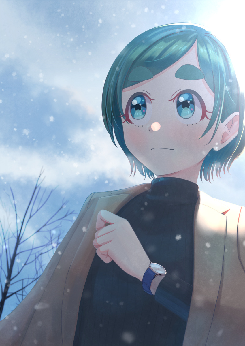 1girl absurdres aqua_eyes black_shirt blush brown_jacket clouds cloudy_sky eyebrows_visible_through_hair futomayu-chan_(sinohira_rin) green_hair grey_sky highres jacket long_sleeves original outdoors shirt short_hair sinohira_rin sky solo tree upper_body watch watch