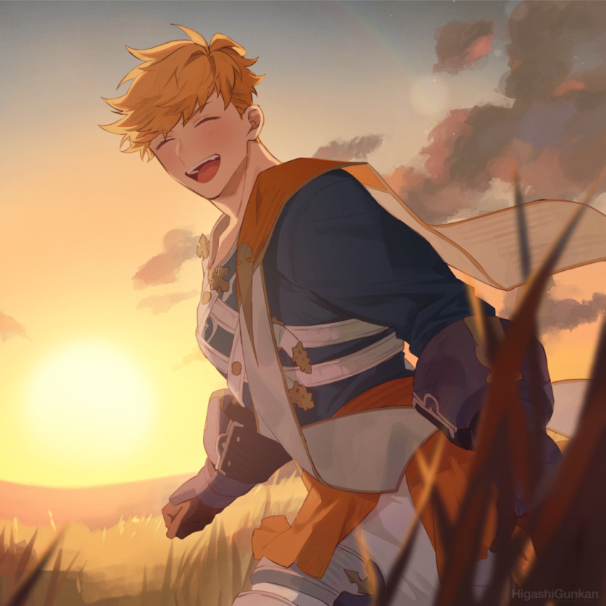1boy armored_boots artist_name black_shirt blonde_hair boots brown_gloves closed_eyes clouds cropped gloves granblue_fantasy higashigunkan male_focus open_mouth outdoors shirt short_hair sky smile solo sunset vane_(granblue_fantasy)