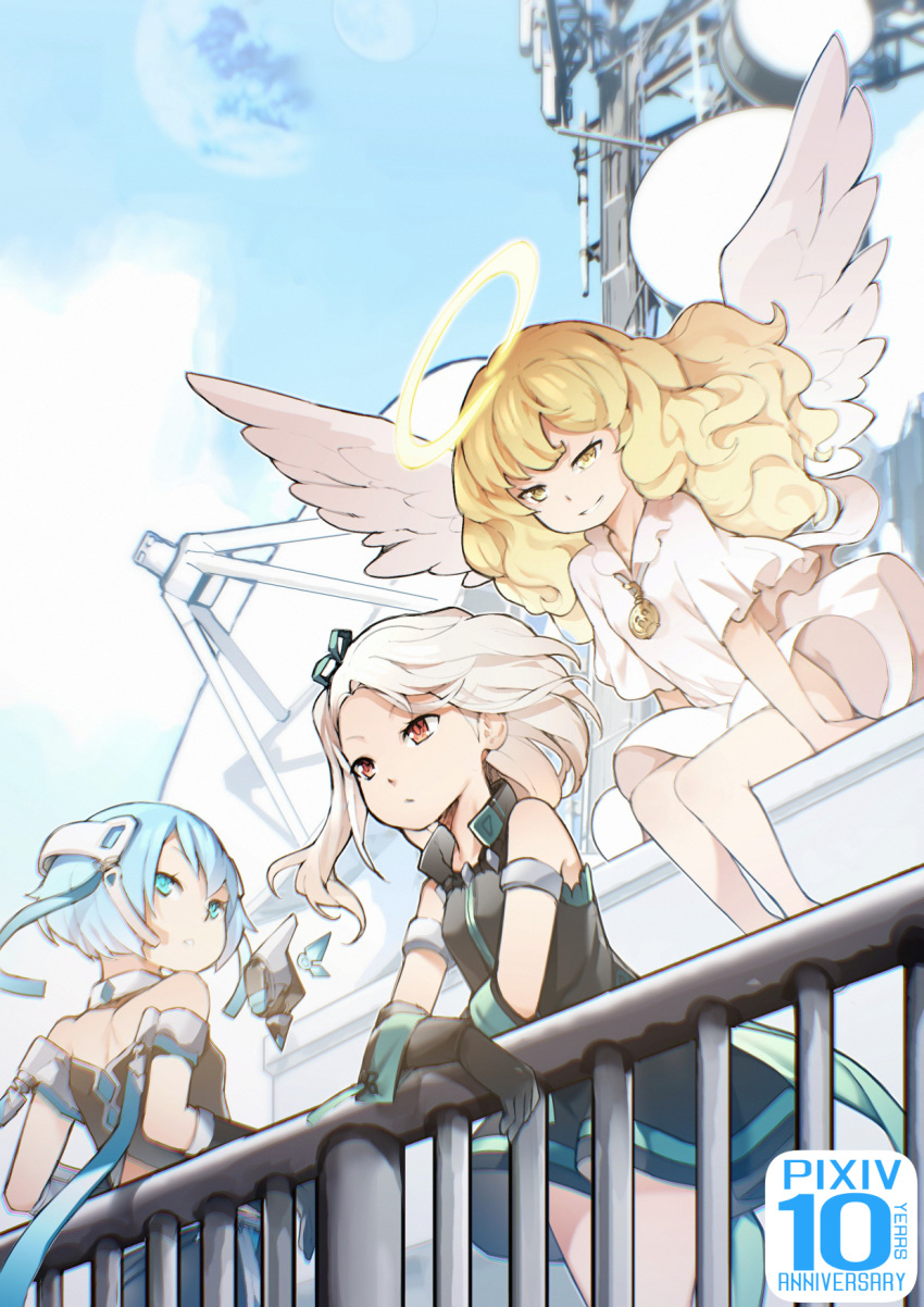 3girls angel angel_wings arm_support bare_legs bare_shoulders black_dress black_gloves blonde_hair blue_eyes blue_hair blue_sky blvefo9 clouds day dress elbow_gloves fantasy gloves halo highres leaning_back leaning_forward leaning_on_rail long_hair moon multiple_girls no_panties original outdoors railing red_eyes satellite_dish short_hair sitting sky standing straight_hair white_dress white_hair white_wings wings yellow_eyes