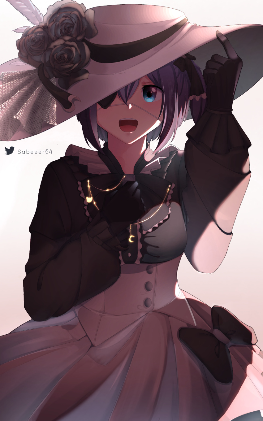 1girl :d absurdres ahoge alternate_costume bangs black_eyepatch black_gloves blue_eyes breasts chuunibyou_demo_koi_ga_shitai! dress english_commentary eyepatch flower gloves hand_up hat hat_feather hat_flower highres long_sleeves looking_at_viewer medium_breasts one_side_up open_mouth puffy_long_sleeves puffy_sleeves rose sabeeer54_(sabrexyz) short_hair simple_background skirt smile solo sun_hat takanashi_rikka white_headwear