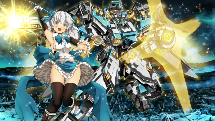1girl absurdres blue_eyes blue_skirt blush breasts clenched_hand energy_barrier energy_shield firing floating garimpeiro glowing glowing_eyes gun highres holding holding_gun holding_staff holding_weapon looking_at_viewer magical_girl mecha medium_breasts mountain open_hand open_mouth original science_fiction short_hair sideboob skirt staff thigh-highs two_side_up weapon yellow_eyes
