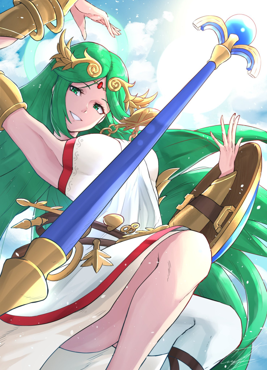 1girl arm_up armlet armpits bangs bracer breasts clouds commentary dress english_commentary eyebrows_visible_through_hair floating floating_hair floating_object floating_weapon forehead_jewel gold_necklace green_eyes green_hair grimmelsdathird highres jewelry kid_icarus kid_icarus_uprising large_breasts laurel_crown lips long_hair necklace open_mouth palutena parted_bangs shield signature single_thighhigh sky smile solo staff strapless strapless_dress teeth thigh-highs very_long_hair weapon white_dress