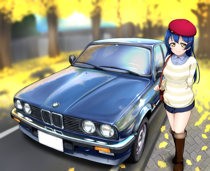 1girl autumn bangs beret blue_hair blush bmw bmw_m3 boots car commentary_request ground_vehicle hat highres long_hair looking_at_viewer love_live! love_live!_school_idol_project motor_vehicle smile solo sonoda_umi standing striped swept_bangs yellow_eyes