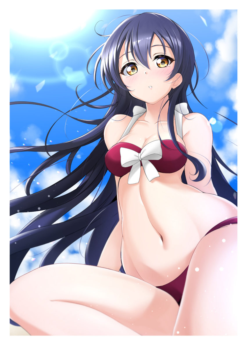 1girl bangs bikini bikini_top blue_hair blush commentary_request floating_hair highres kirisaki_reina long_hair looking_at_viewer love_live! love_live!_school_idol_project navel outdoors red_bikini solo sonoda_umi sunlight swept_bangs swimsuit yellow_eyes