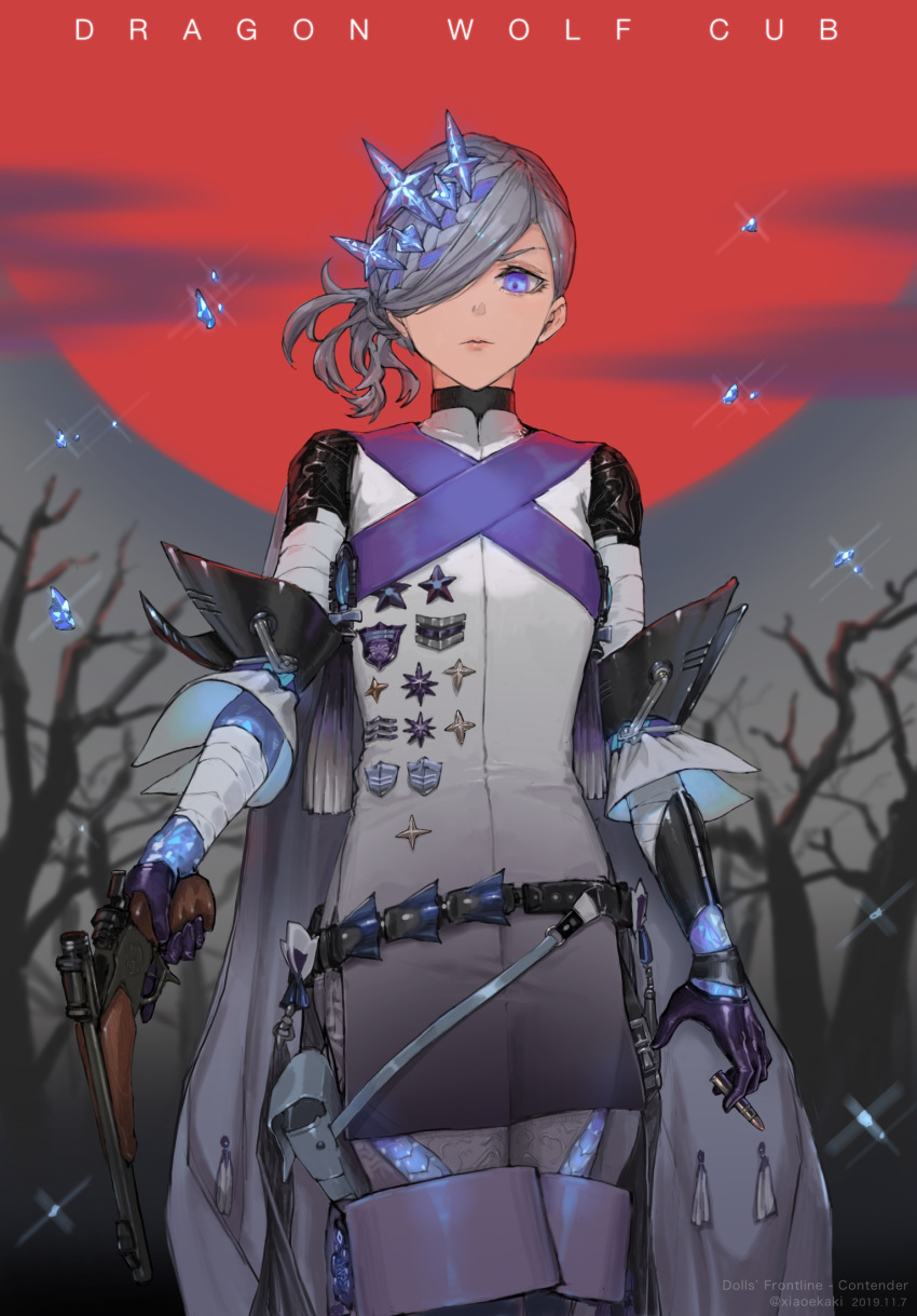 1girl bare_tree blue_eyes cape cartridge commentary_request contender_(dragon's_son)_(girls_frontline) contender_(girls_frontline) cowboy_shot crystal english_text girls_frontline grey_hair gun hair_ornament hair_over_one_eye handgun highres holding holding_gun holding_weapon labyrinth_of_the_dark looking_at_viewer moon multicolored_hair official_alternate_costume outdoors purple_hair red_moon short_hair solo streaked_hair thompson/center_contender tree trigger_discipline weapon xia_oekaki
