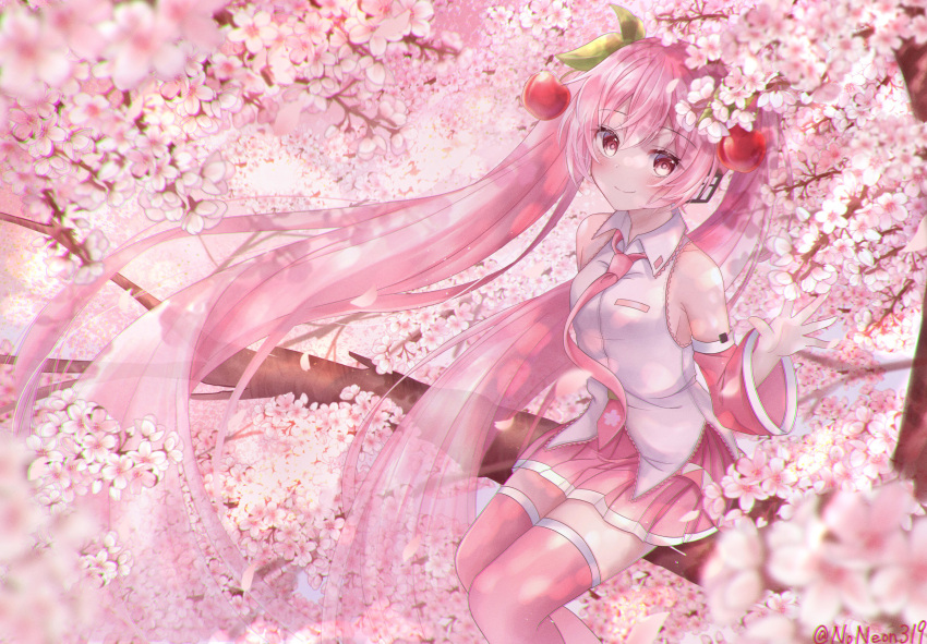 1girl absurdly_long_hair absurdres bare_shoulders branch cherry_blossoms cherry_hair_ornament commentary cowboy_shot detached_sleeves flower food_themed_hair_ornament hair_ornament hatsune_miku highres huge_filesize in_tree long_hair looking_at_viewer miniskirt necktie noneon319 pink_eyes pink_flower pink_hair pink_legwear pink_neckwear pink_skirt pink_sleeves pink_theme pleated_skirt sakura_miku shirt sideways_glance sitting sitting_in_tree sketch skirt sleeveless sleeveless_shirt smile solo thigh-highs tree twintails very_long_hair vocaloid white_shirt zettai_ryouiki