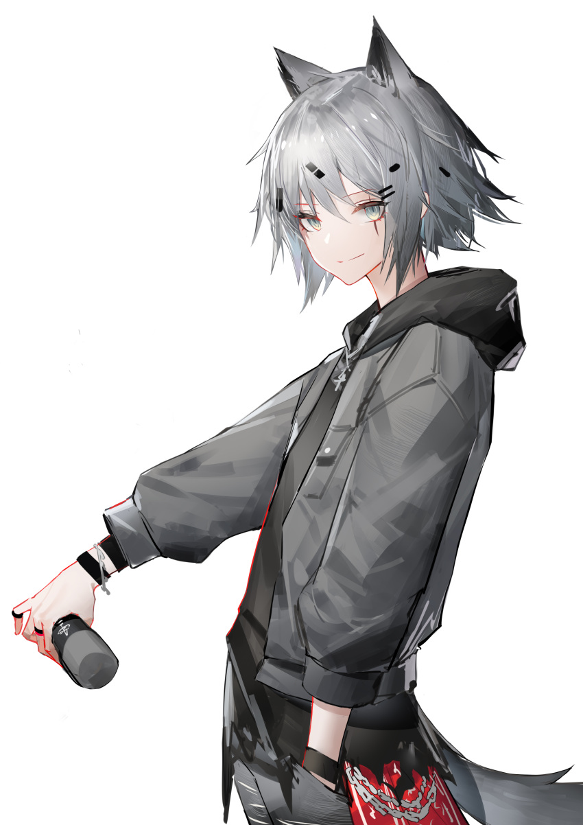 1girl absurdres animal_ears arknights bangs chinese_commentary closed_mouth commentary_request from_side gkd111 grey_eyes grey_jacket grey_pants hair_ornament hairclip hand_in_pocket highres holding holding_microphone jacket lappland_(ambience_synesthesia)_(arknights) lappland_(arknights) long_sleeves looking_at_viewer looking_to_the_side microphone official_alternate_costume open_clothes open_jacket pants print_jacket scar scar_across_eye short_hair silver_hair smile solo tail white_background wolf_ears wolf_girl wolf_tail wristband