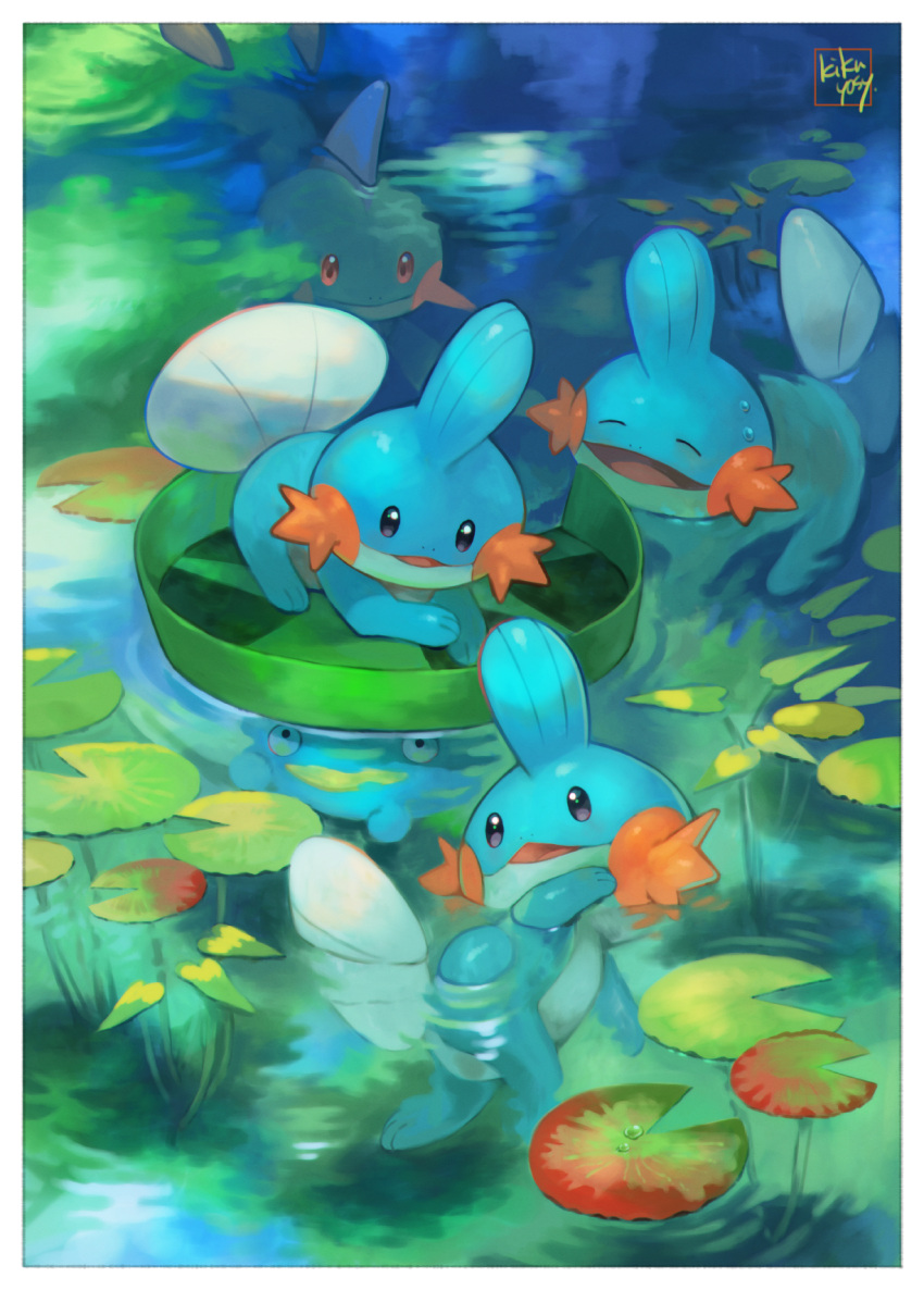 border commentary_request creature gen_3_pokemon highres kikuyoshi_(tracco) lily_pad looking_back lotad marshtomp mudkip no_humans open_mouth pokemon pokemon_(creature) ripples signature starter_pokemon swimming tongue water white_border