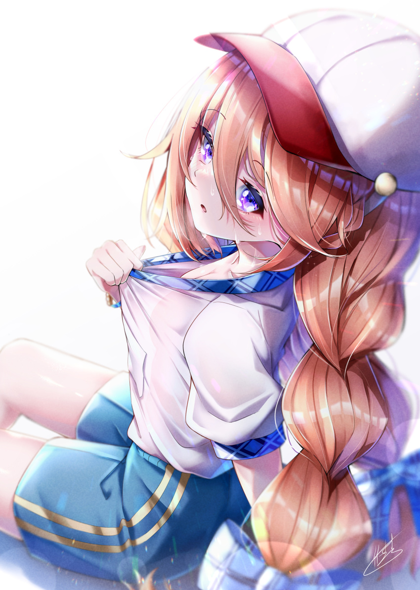 1girl absurdres arm_support baseball_cap blue_bow blue_shorts bow bracelet braid breasts fanning_self gym_shorts gym_uniform hair_bow hat highres jewelry name_tag open_mouth orange_hair princess_connect! princess_connect!_re:dive shorts solo sweat takemura_kou translucent_shirt twin_braids twintails violet_eyes white_background yuni_(princess_connect!)