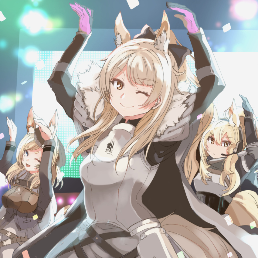 3girls animal_ear_fluff animal_ears arknights armor arms_up aunt_and_niece bangs black_headwear blemishine_(arknights) blonde_hair blue_eyes breastplate cape dancing eyebrows_visible_through_hair fur-trimmed_cape fur_trim garrison_cap grimjin hair_between_eyes hat headphones headset high_ponytail highres horse_ears horse_girl horse_tail kingdom_of_kazimierz_logo long_hair long_sleeves multiple_girls nearl_(arknights) one_eye_closed parody plate_armor siblings sisters smile stage tail umamusume whislash_(arknights) white_cape yellow_eyes yellow_tail