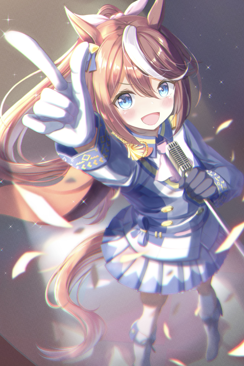 1girl :d absurdres animal_ears arm_up ascot bangs black_gloves blue_eyes blue_jacket blush brown_hair color_pro commentary confetti epaulettes foot_out_of_frame from_above gloves hair_between_eyes hair_ribbon highres holding holding_microphone_stand horse_ears horse_girl horse_tail huge_filesize jacket long_hair long_sleeves looking_at_viewer microphone_stand mismatched_gloves multicolored_hair open_mouth pink_neckwear pink_ribbon pleated_skirt ponytail ribbon single_epaulette skirt smile solo streaked_hair tail tokai_teio_(umamusume) umamusume white_gloves white_hair white_skirt