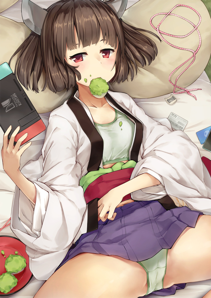 1girl bangs bra breasts brown_hair collarbone commentary_request eyebrows_behind_hair food_in_mouth green_bra green_panties headgear highres holding jacket japanese_clothes kanzen_bouon kimono looking_at_viewer lying mouth_hold nintendo_switch obi on_back open_clothes open_jacket panties pillow plate pleated_skirt purple_skirt red_eyes sash skirt small_breasts solo spread_legs touhoku_kiritan twintails underwear voiceroid white_kimono