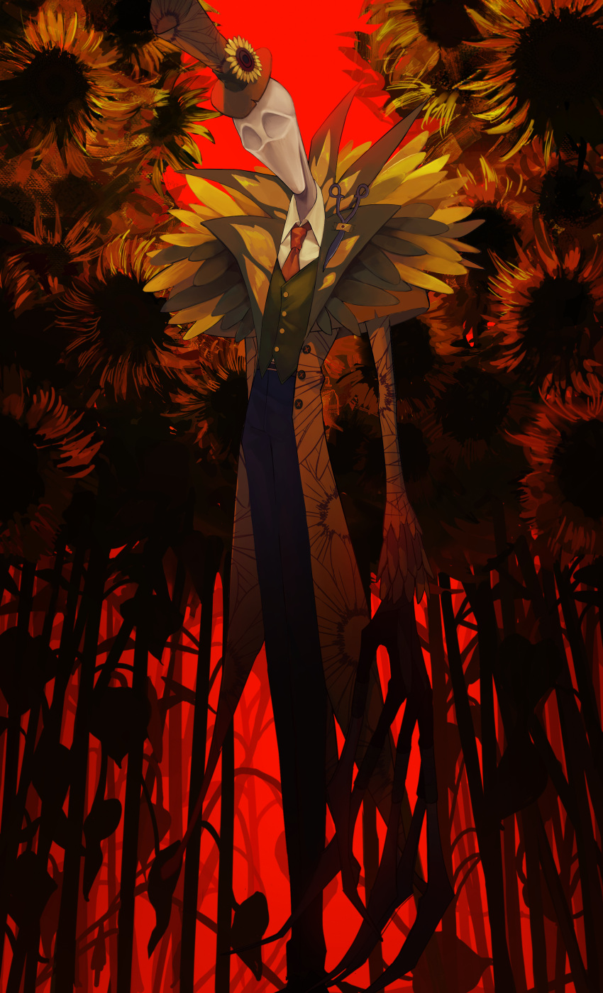 1boy absurdres black_headwear claws flower full_body green_vest hat hat_flower highres identity_v jack_(identity_v) jacket necktie neri_(zooorooo-1115) red_neckwear red_sky scissors skinny sky solo standing sunflower vest