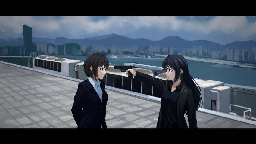 2girls air_conditioner black_eyes black_hair black_jacket black_shirt breasts brown_eyes cityscape collared_shirt commentary_request day dress_shirt gun handgun highres holding holding_gun holding_weapon jacket letterboxed long_hair medium_breasts mountain multiple_girls ndtwofives open_clothes open_jacket original outdoors pistol profile rooftop shirt short_hair very_long_hair water weapon weapon_request white_shirt