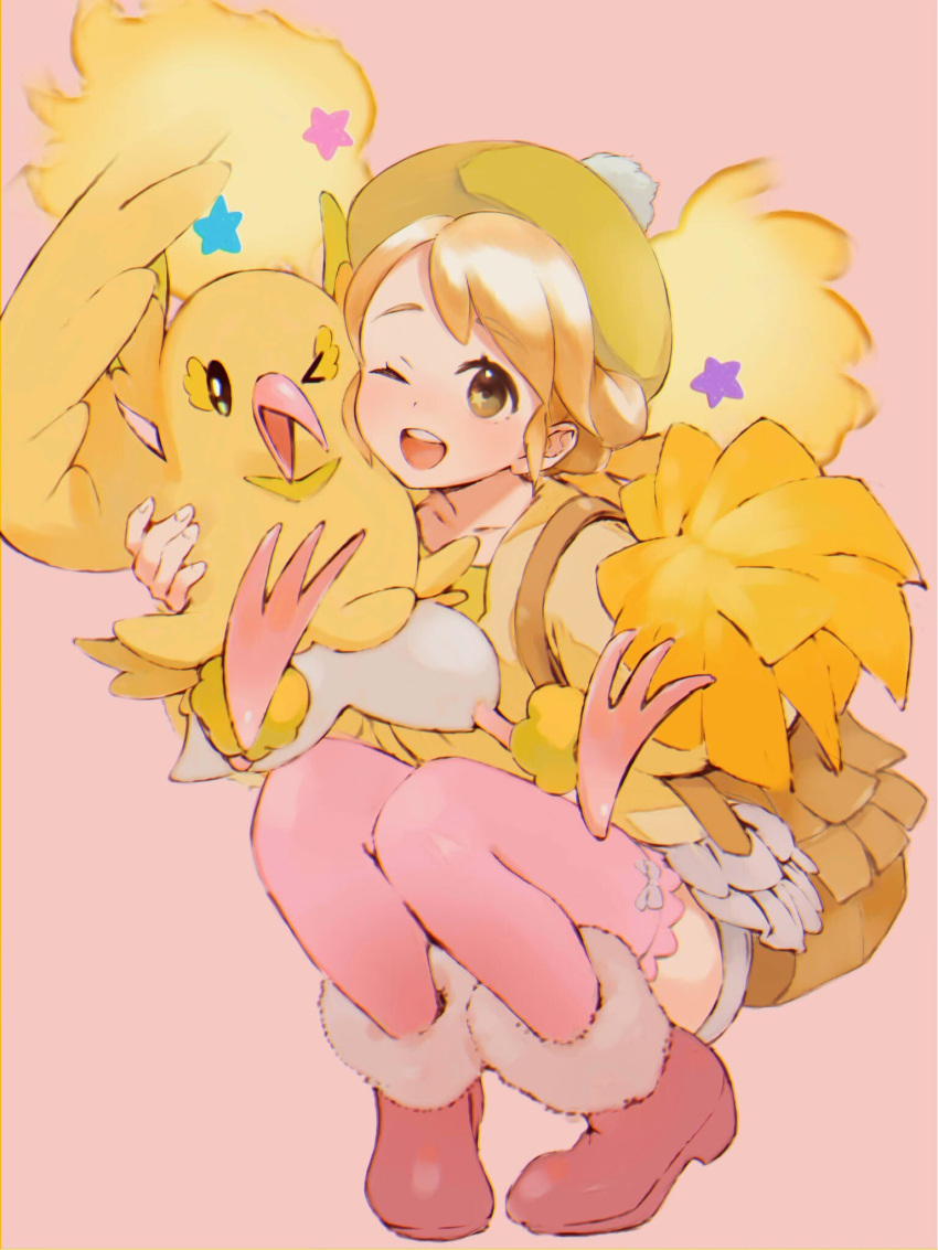 1girl ;d backpack bag bangs blonde_hair boots brown_bag brown_eyes commentary_request eyelashes fur-trimmed_boots fur_trim gen_7_pokemon highres holding holding_pokemon looking_at_viewer one_eye_closed open_mouth orange_mikan oricorio oricorio_(pom-pom) pink_legwear pokemon pokemon_(creature) shiny shiny_hair smile squatting star_(symbol) thigh-highs tongue upper_teeth