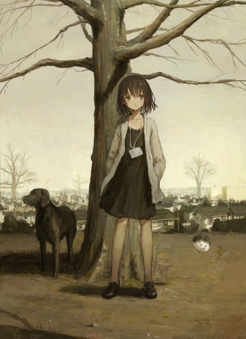 1girl absurdres black_dress black_footwear blush brown_eyes brown_hair building cardigan clouds cloudy_sky dog dress grey_cardigan hedgehog highres jewelry medium_hair necklace original shion_(mirudakemann) shoes sky solo standing tree wide_shot