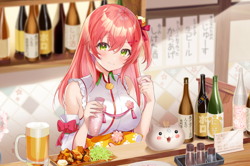 1girl ahoge alcohol bangs bare_shoulders beer beer_mug bell blush book bottle breasts commentary_request counter cup detached_sleeves eyebrows_visible_through_hair food green_eyes hair_bell hair_between_eyes hair_ornament hair_ribbon hands_up holding holding_book holding_cup hololive japanese_clothes kimono large_breasts long_hair looking_at_viewer motsunuki mug obi one_side_up pink_hair red_ribbon ribbon sakura_miko sash smile solo translation_request upper_body virtual_youtuber white_kimono wine_bottle x_hair_ornament yellow_sash