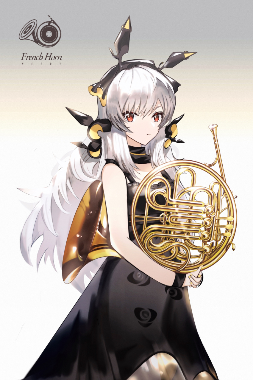 1girl absurdres alternate_costume animal_ears arknights black_dress breasts character_name closed_mouth commentary cowboy_shot dress english_commentary expressionless fake_animal_ears french_horn gradient gradient_background grey_background hair_ornament hands_together highres holding holding_instrument instrument l.v.c. long_hair looking_at_viewer nail_polish red_eyes silver_hair simple_background sleeveless sleeveless_dress small_breasts solo weedy_(arknights) white_background wrist_cuffs yellow_nails