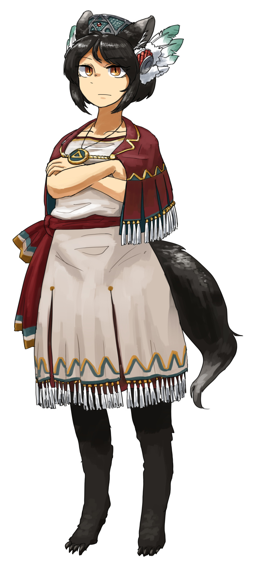 1girl absurdres amulet animal_ear_fluff animal_ears beige_dress black_hair body_fur capelet closed_mouth commentary crossed_arms digitigrade dress eyebrows_visible_through_hair feathers fox_ears fox_girl fox_tail full_body grey_dress hair_feathers hat highres hozumi_(ouchan) jewelry kachina_(ukagaka) looking_ahead pendant short_hair simple_background solo standing tail ukagaka white_background yellow_eyes