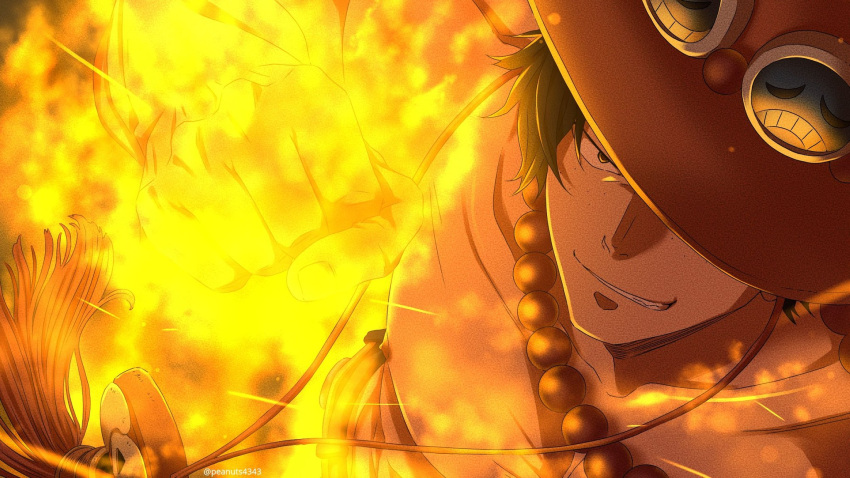 1boy artist_name bead_necklace beads black_eyes black_hair clenched_hand commentary_request fire flaming_hand freckles hat hat_over_one_eye highres jewelry looking_at_viewer male_focus necklace nipples one_eye_covered one_piece pinattsu portgas_d._ace shirtless short_hair smirk solo tassel twitter_username