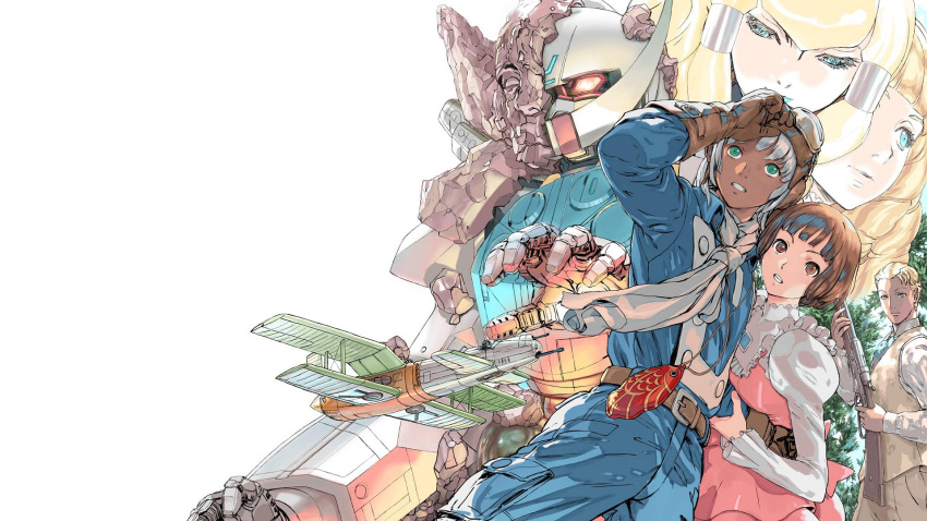 2boys 3girls aircraft airplane bangs blonde_hair blue_eyes blue_lips blue_pants blue_shirt breasts brown_eyes brown_hair dark_skin dark_skinned_male dianna_soreil dress flying goggles goggles_on_head guin_sard_lineford gun gundam highres holding holding_gun holding_weapon juliet_sleeves kihel_heim lipstick long_sleeves looking_down loran_cehack makeup mobile_suit multiple_boys multiple_girls one_eye_covered open_hand pants pink_dress puffy_sleeves red_eyes rock scarf science_fiction shirt shirt_tucked_in silver_hair small_breasts sochie_heim turn_a_gundam turn_a_gundam_(mobile_suit) v-shaped_eyebrows weapon white_background white_scarf yasuda_akira