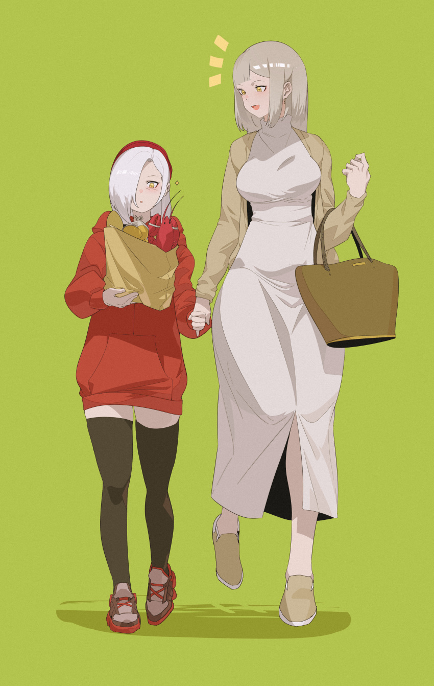 2girls absurdres bag black_legwear blush dress grey_hair hair_over_one_eye highres holding_hands hood hoodie jin_rou lobster long_hair multiple_girls original thigh-highs white_dress white_hair yellow_eyes