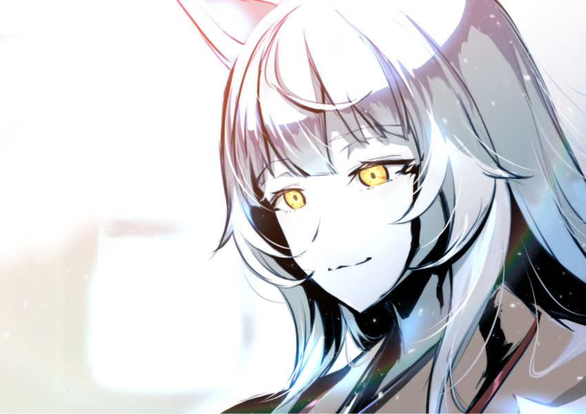 1girl animal_ears bangs crossover els fox_ears fox_girl fumi_(nijisanji) gundam gundam_00 gundam_00_a_wakening_of_the_trailblazer highres kuri_giepi lens_flare looking_down metal_skin nijisanji silver_hair smile solo upper_body virtual_youtuber yellow_eyes