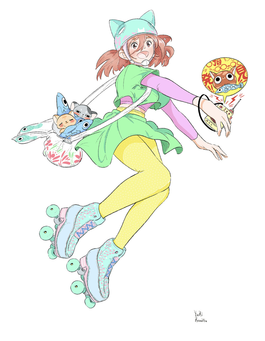 1girl aqua_footwear bag blush brown_eyes brown_hair cat fish floating_hair full_body green_shirt green_skirt hair_between_eyes helmet highres kawatsu_yuuki long_hair long_sleeves open_mouth original pantyhose pink_shirt roller_skates shirt short_over_long_sleeves short_sleeves shoulder_bag signature skates skirt smile solo yellow_legwear