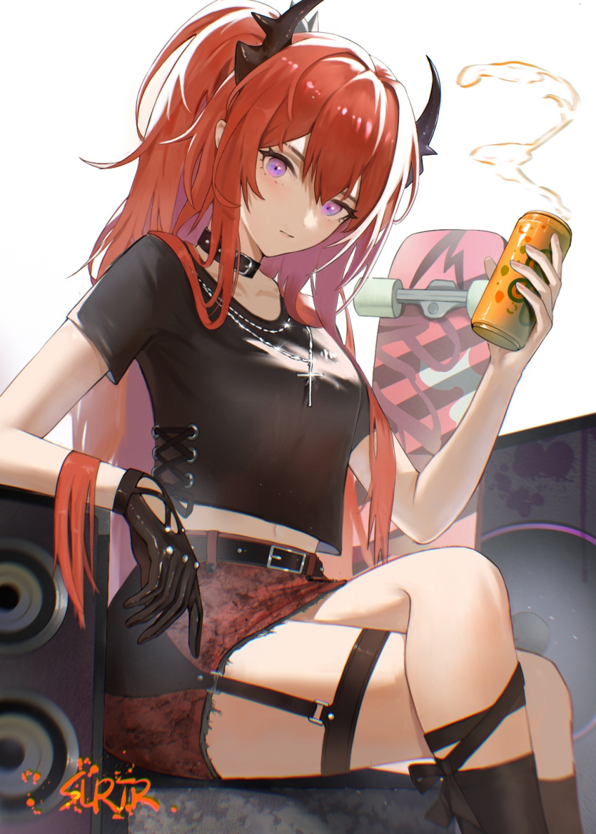 1girl arknights bangs black_legwear black_shirt breasts can character_name closed_mouth commentary_request cross cross_necklace crossed_legs eyebrows_behind_hair feet_out_of_frame hair_between_eyes hand_up highres holding holding_can horns jewelry long_hair necklace red_skirt redhead shirt short_sleeves skateboard skirt small_breasts socks solo speaker surtr_(arknights) two_side_up ufoliving very_long_hair violet_eyes white_background