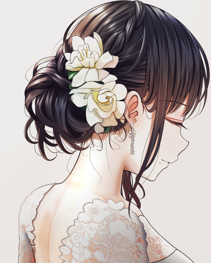 1girl alternate_hairstyle backless_dress backless_outfit black_hair closed_eyes commentary_request dress earrings flower flower_request hair_bun hair_flower hair_ornament hair_up highres idolmaster idolmaster_shiny_colors jewelry kazano_hiori lace_trim nape portrait profile simple_background smile solo turisasu white_background white_dress white_flower