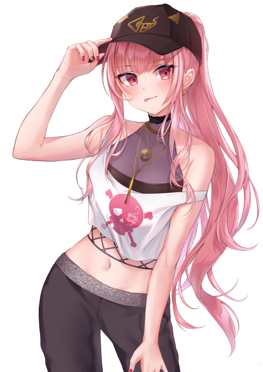 1girl :p absurdres bangs bare_shoulders blush breasts contrapposto cowboy_shot crop_top eyebrows_visible_through_hair hand_up hat highres hololive hololive_english long_hair looking_at_viewer medium_breasts midriff mori_calliope navel pants pink_eyes pink_hair poe_(528yuzunon) simple_background solo tongue tongue_out very_long_hair virtual_youtuber white_background