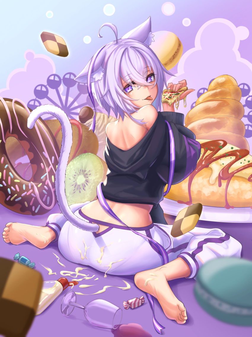 1girl ahoge animal_ears ass back bare_shoulders barefoot black_hoodie blue_background bob-the-bison candy cat_ears cat_girl cat_tail chocolate_cornet clothing_cutout commentary cookie cup doughnut drinking_glass eyebrows_visible_through_hair eyes_visible_through_hair ferris_wheel food from_behind fruit gradient gradient_background hair_between_eyes highres holding holding_food hololive hood hoodie kiwifruit light_purple_hair long_sleeves looking_at_viewer looking_back macaron mayonnaise nekomata_okayu off_shoulder omurice pants pizza purple_background purple_ribbon ribbon sexually_suggestive short_hair sitting smile soles solo spill tail tail_cutout tight tight_pants tongue tongue_out two-tone_background violet_eyes virtual_youtuber wariza white_pants wine_glass