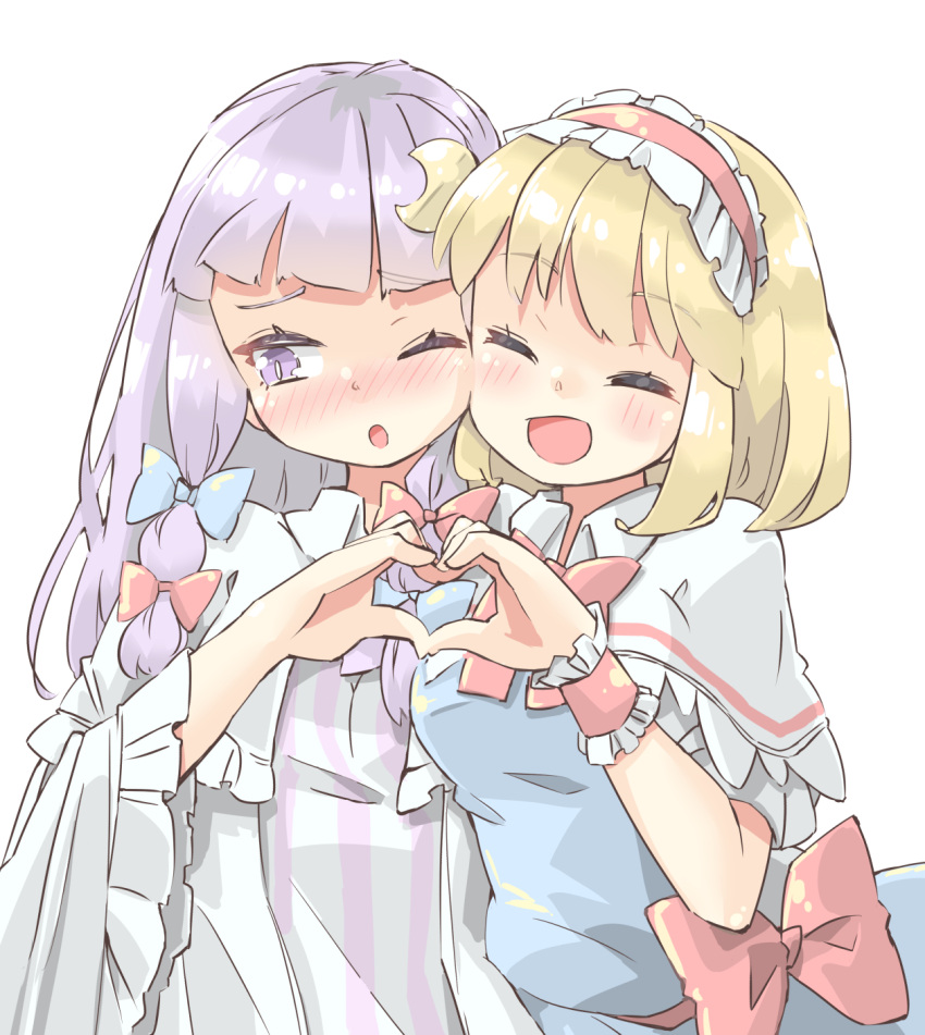 2girls :o alice_margatroid arnest bangs blonde_hair blue_bow blue_dress blunt_bangs blush bob_cut bow bowtie bright_pupils capelet commentary_request crescent crescent_hair_ornament dress embarrassed frilled_hairband frilled_sleeves frills furrowed_eyebrows hair_bow hair_ornament hairband happy heart heart_hands heart_hands_duo highres lolita_hairband long_hair long_sleeves looking_away looking_to_the_side multiple_girls no_hat no_headwear nose_blush one_eye_closed open_mouth pajamas patchouli_knowledge purple_dress purple_hair red_bow red_hairband red_neckwear red_sash sash shiny shiny_hair short_hair sideways_glance simple_background smile striped striped_dress touhou vertical-striped_dress vertical_stripes violet_eyes white_background white_capelet white_dress white_pajamas white_pupils wide_sleeves wing_collar wrist_cuffs