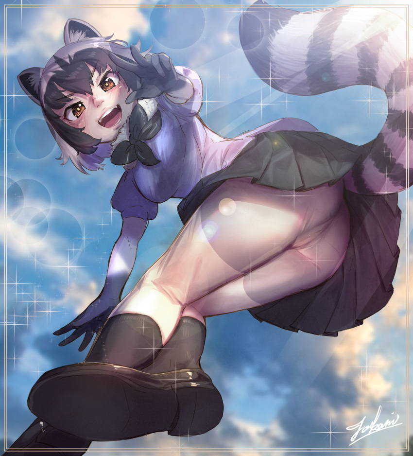 absurdres animal_ears artist_name black_bow black_footwear black_hair black_neckwear black_skirt blush bow bowtie brown_eyes clouds commentary_request common_raccoon_(kemono_friends) eyebrows_visible_through_hair from_below fur_collar gloves grey_hair grey_legwear highres jumping kemono_friends multicolored_hair open_mouth pantyhose pleated_skirt raccoon_ears raccoon_tail shoes short_hair short_sleeves skirt sky tail takami_masahiro two-tone_hair two-tone_legwear white_legwear