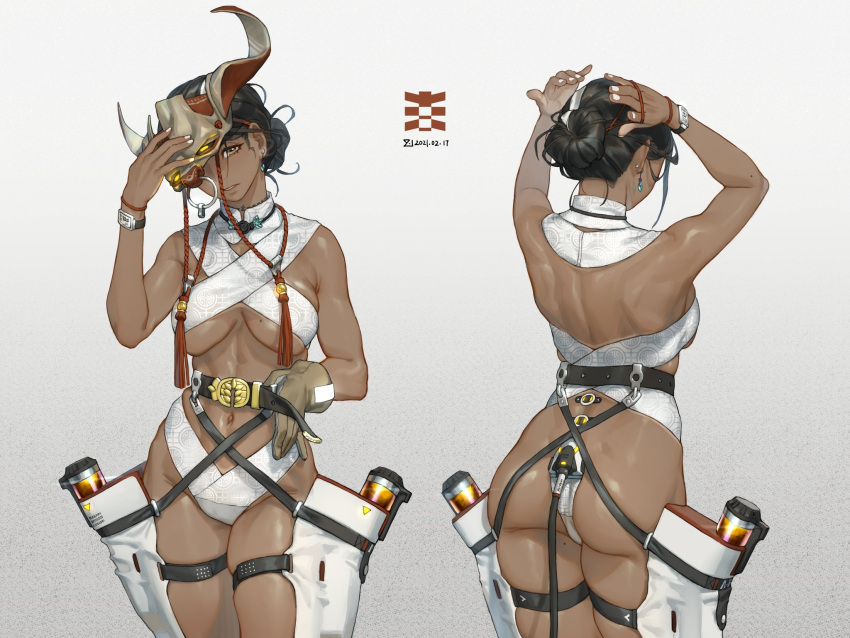 1girl ass belt black_hair bone bone_horns breasts dark_skin dark-skinned_female earrings gloves hair_bun helm helmet highres jewelry mole mole_on_body mole_on_breast mole_on_thigh original single_glove solo watch youzu_(youzuyozu)