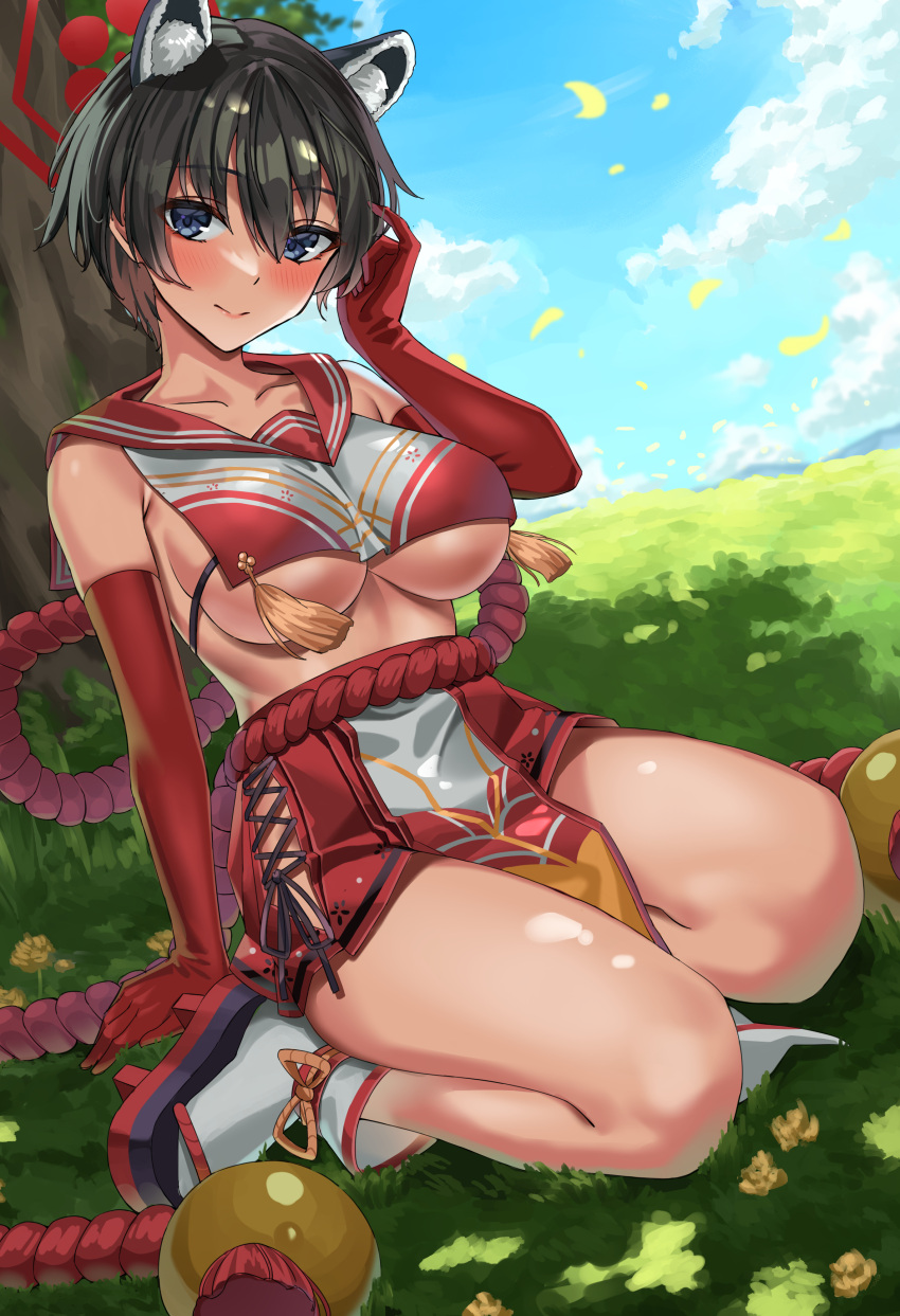 1girl absurdres animal_ears black_hair blue_archive blue_eyes blue_sky blush breasts closed_mouth elbow_gloves eyebrows_visible_through_hair gloves grass hair_between_eyes highres large_breasts looking_at_viewer pelvic_curtain red_gloves rope sailor_collar shirt shocho short_hair sitting sky sweat tabard tassel thighs tree tsubaki_(blue_archive) wariza white_shirt