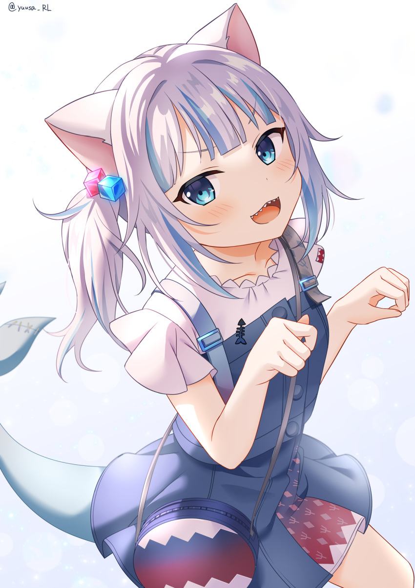 1girl :d animal_ears bag bangs bare_arms blue_dress blue_eyes blue_hair blush cat_ears commentary_request dress eyebrows_behind_hair fish_tail gawr_gura glowing hair_cubes hair_ornament hands_up highres hololive hololive_english looking_at_viewer multicolored_hair open_mouth shark_tail sharp_teeth shirt shoulder_bag side_ponytail sleeveless sleeveless_dress smile solo streaked_hair tail teeth twitter_username v-shaped_eyebrows virtual_youtuber white_shirt yuusa
