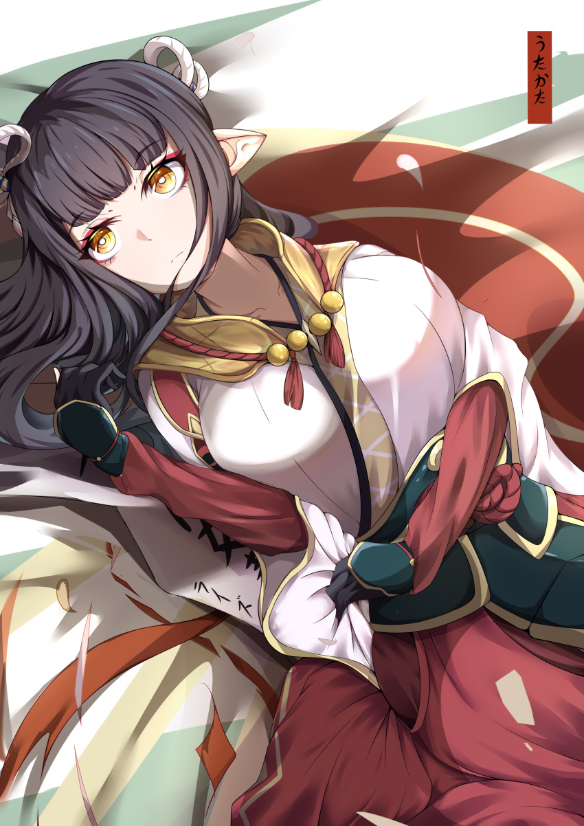 1girl black_hair blush breasts dongman_chao_nan japanese_clothes kimono long_hair minoto monster_hunter monster_hunter_(series) monster_hunter_rise pointy_ears