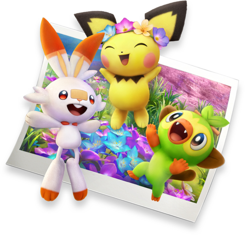 3d ^_^ animal_focus artist_request blue_flower blush_stickers brown_eyes buck_teeth closed_eyes fangs field flower flower_field flower_wreath full_body gen_2_pokemon gen_8_pokemon grass grookey happy jumping new_pokemon_snap no_humans open_mouth orange_flower photo_(object) pichu pink_flower pokemon pokemon_(game) purple_flower red_eyes scorbunny smile transparent_background