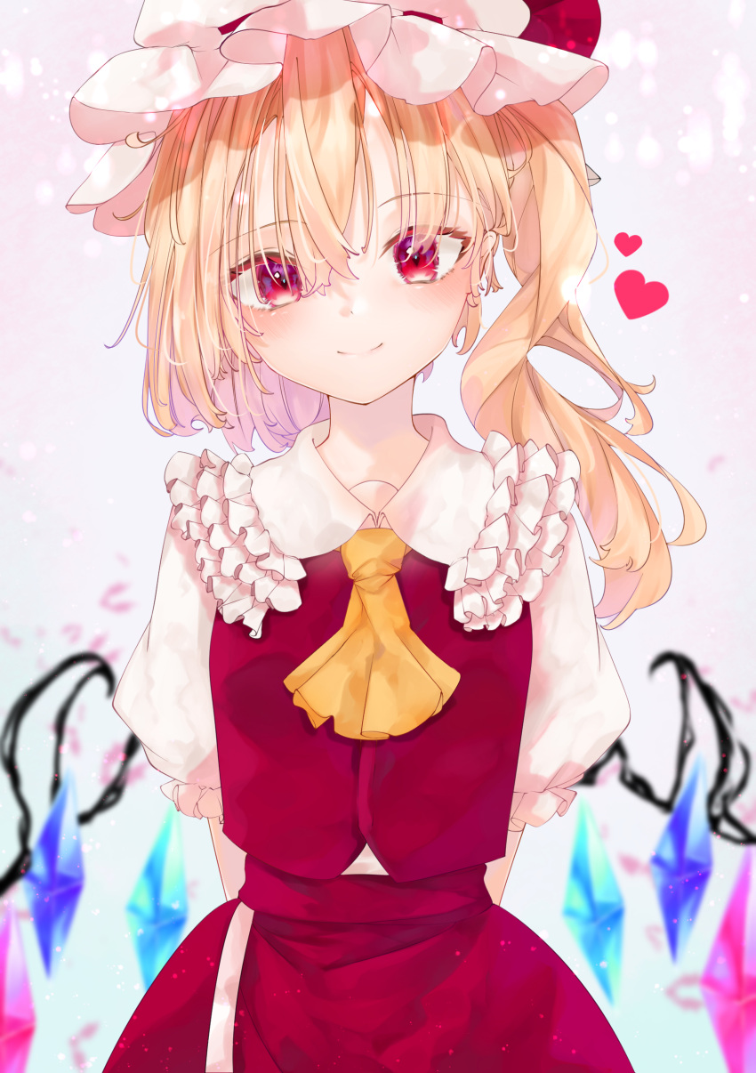 1girl absurdres arms_behind_back blonde_hair blurry blurry_background calpis118 commentary_request cravat eyebrows_visible_through_hair flandre_scarlet frilled_shirt_collar frills gradient gradient_background grey_background hair_between_eyes hair_over_eyes hat hat_ribbon head_tilt heart highres light_blush looking_at_viewer mob_cap one_side_up puffy_short_sleeves puffy_sleeves red_eyes red_skirt red_vest ribbon shirt short_hair short_sleeves skirt smile solo standing touhou upper_body vest white_headwear white_shirt wings yellow_neckwear