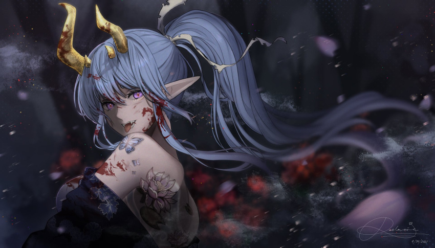 1girl arm_tattoo back_tattoo blood bloody_hair blue_hair elf floating_hair highres horns indie_virtual_youtuber japanese_clothes kimono long_hair long_pointy_ears looking_at_viewer off-shoulder_kimono open_mouth pointy_ears rae_laveire rae_laveire_(artist) sharp_teeth solo tattoo teeth tongue tongue_out upper_body violet_eyes virtual_youtuber