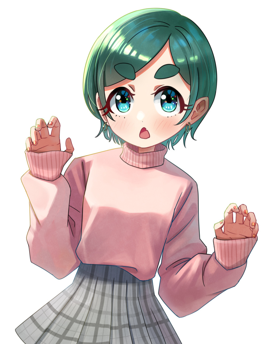 1girl absurdres aqua_eyes blush earrings eyebrows_visible_through_hair futomayu-chan_(sinohira_rin) green_hair grey_skirt hands_up highres jewelry open_mouth original pink_sweater plaid plaid_skirt pleated_skirt short_hair simple_background sinohira_rin skirt sleeves_past_wrists solo sweater white_background