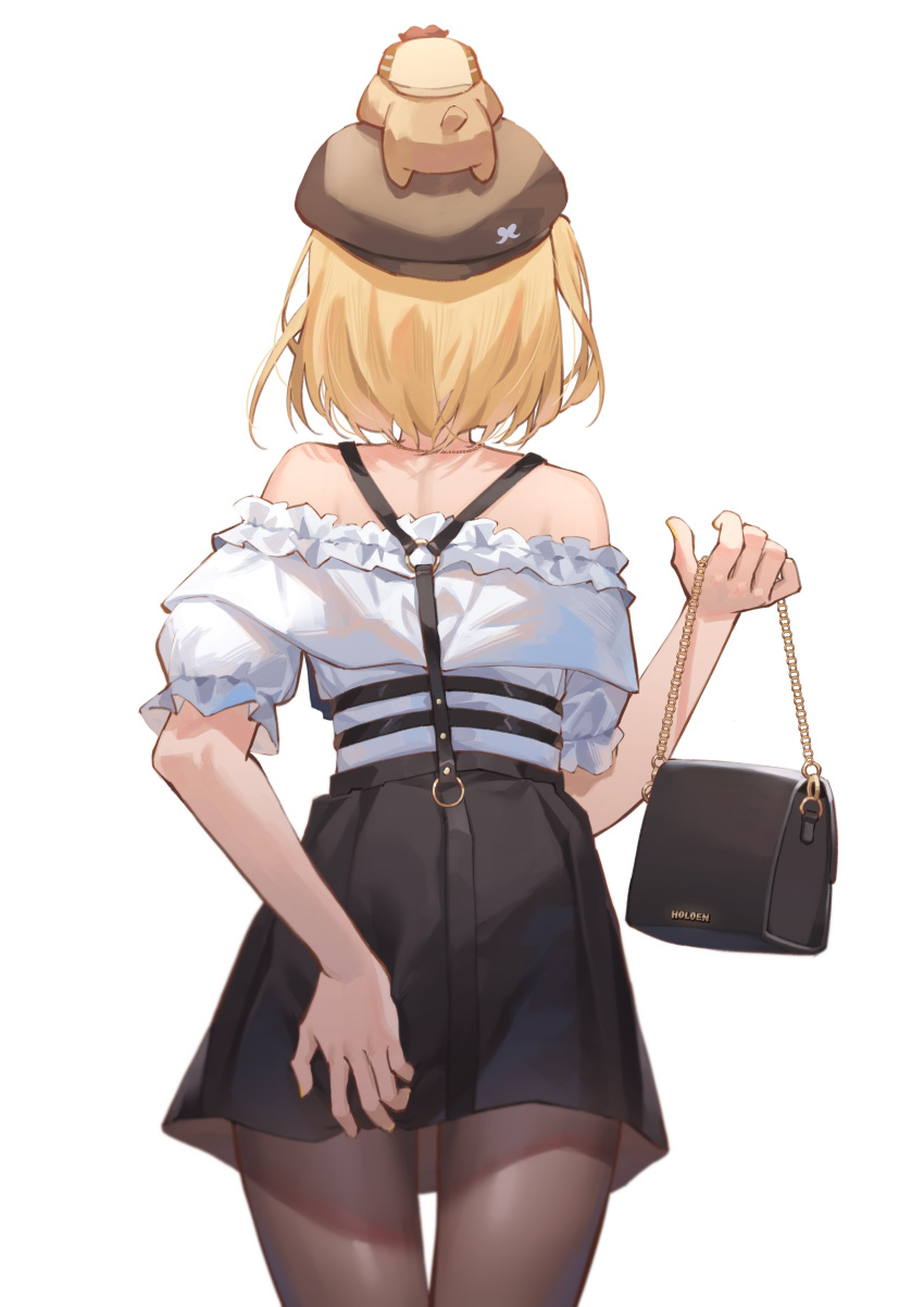 1girl absurdres animal_on_head bag black_skirt blonde_hair bubba_(watson_amelia) dog dog_on_head dress from_behind handbag hat highres hololive hololive_english on_head pantyhose scratching_ass skirt strapless strapless_dress tsukino_(nakajimaseiki) watson_amelia white_background