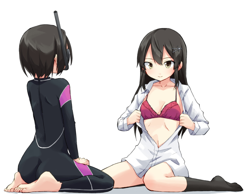 2girls alternate_costume black_hair black_legwear bra breasts collarbone collared_shirt diving_suit dress_shirt goggles grey_eyes hair_between_eyes hair_ornament hairclip kakizaki_(chou_neji) kantai_collection kneehighs kuroshio_(kancolle) long_hair long_sleeves multiple_girls oyashio_(kancolle) partially_unbuttoned red_bra seiza shirt short_hair simple_background sitting small_breasts smile snorkel unbuttoned unbuttoned_shirt underwear wariza wetsuit white_background white_shirt