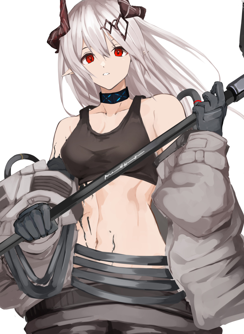 1girl absurdres aokuma_(yuuran_create) arknights bangs bare_shoulders black_choker black_gloves breasts choker commentary crop_top gloves hair_between_eyes hand_up highres horns infection_monitor_(arknights) long_hair long_sleeves medium_breasts midriff mudrock_(arknights) navel parted_lips pointy_ears red_eyes silver_hair simple_background solo sports_bra stomach upper_body white_background