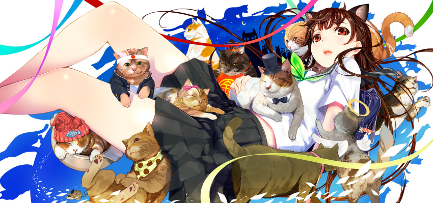 1girl angel_wings animal_ears bag bag_charm bandana beanie black_skirt bow bowtie brown_eyes brown_hair cat cat_ears charm_(object) chinese_clothes commentary_request dudou gakuran hachimaki halo hat hat_bow headband highres mikazuki_akira! mouse open_mouth original ouendan pink_bow pleated_skirt polka_dot polka_dot_bandana school_bag school_uniform serafuku shirt short_sleeves skirt too_many too_many_cats top_hat white_shirt wings